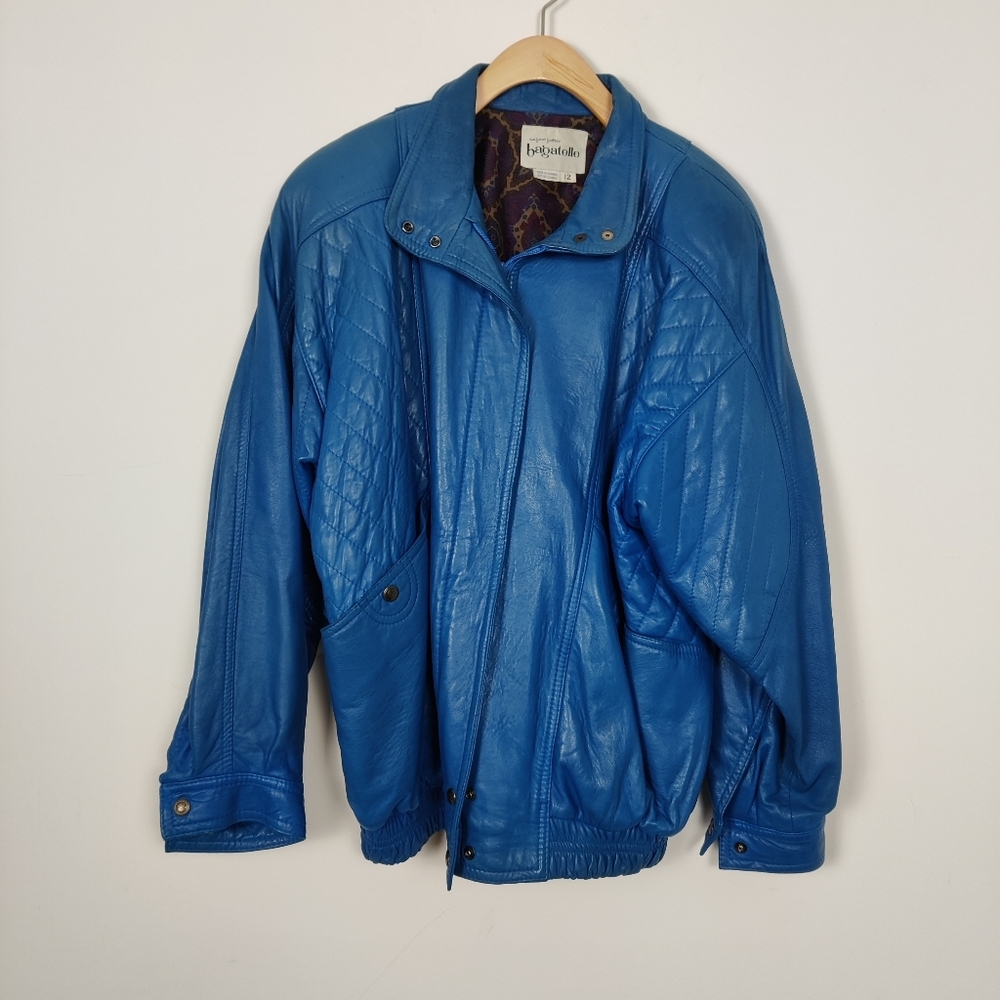 Vintage Bagatelle Women's Blue Leather Bomber Jacket Size 12 Satin Lining